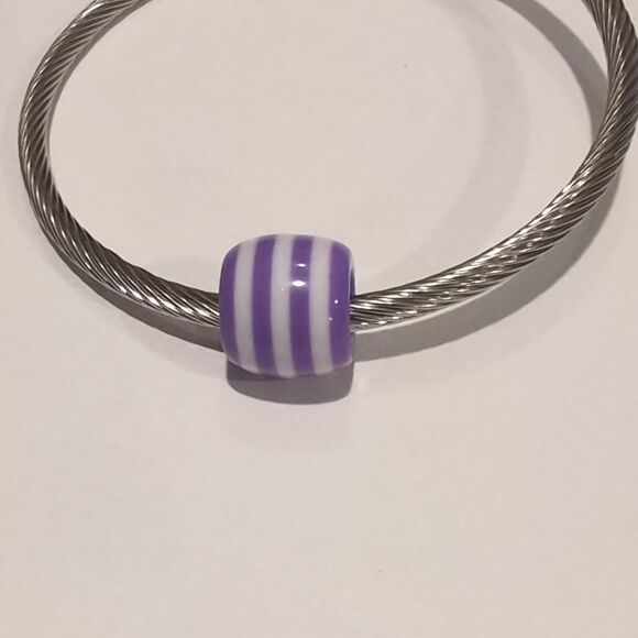 Purple and White Striped Charm for Pandora Style Bracelet - Picture 1 of 4